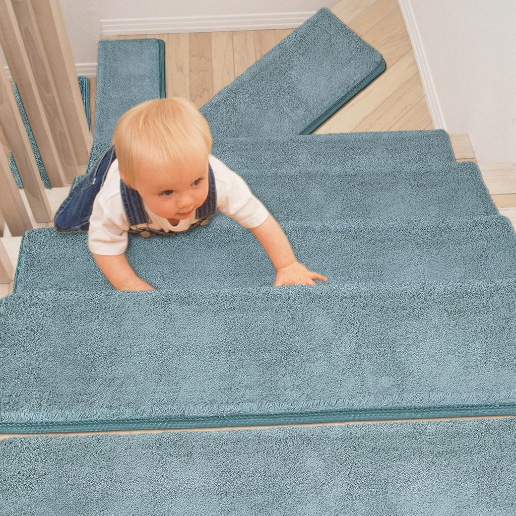 Green 14 Pieces Non-Slip Washable Carpet Stair Treads Set S962842