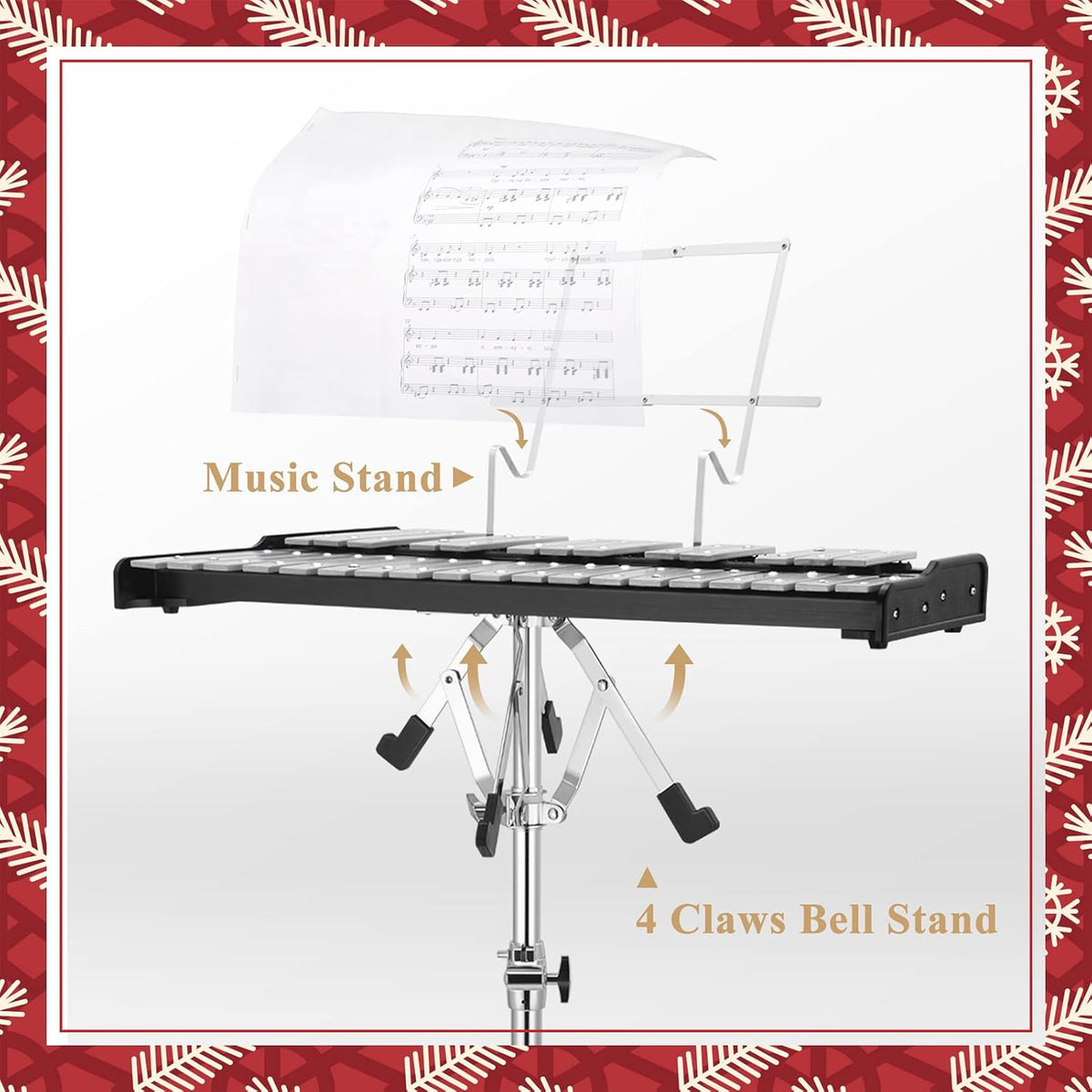 32 Note Glockenspiel Xylophone Bell Kit with 8 Inch Drum Practice Pad, Stand, Carrying Bag H5753