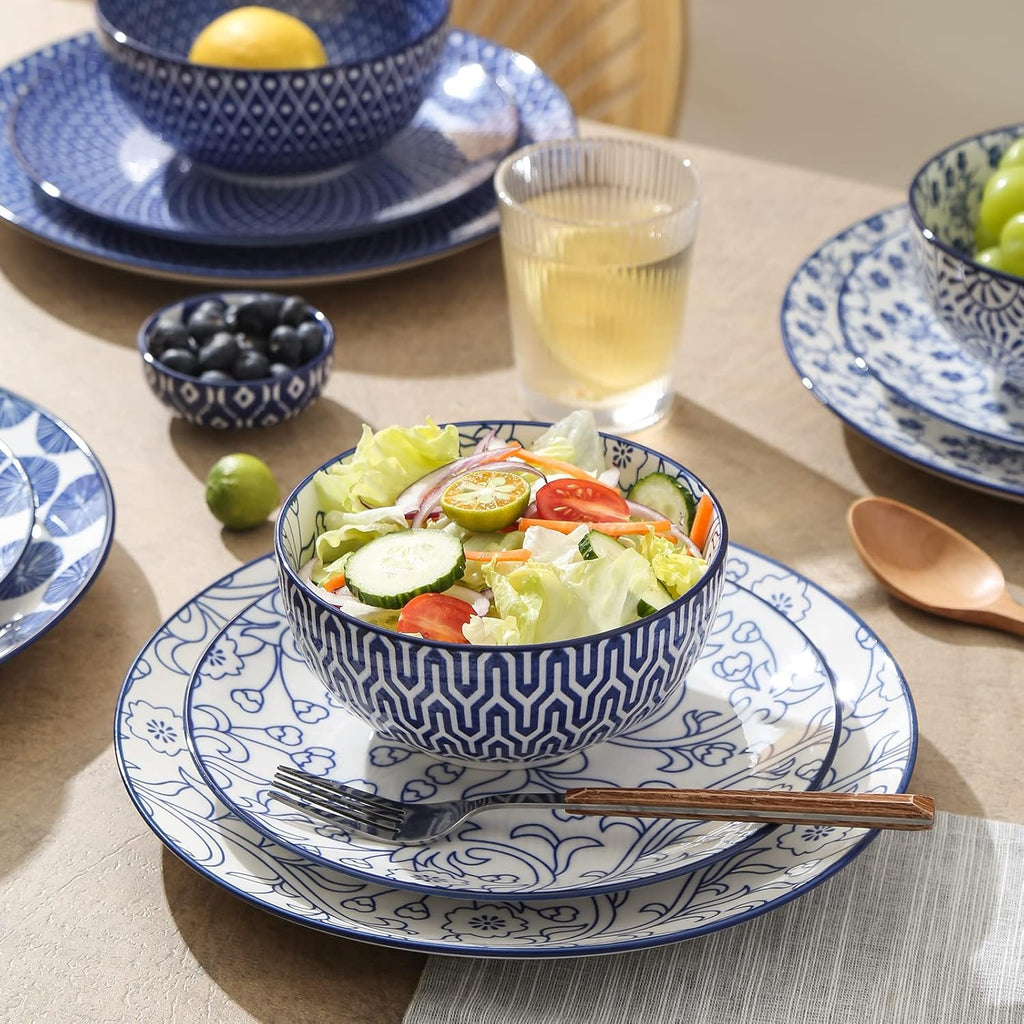 12 Piece Ceramic Dinnerware Set with 8 OZ Cappuccino Cup and Saucers, Vintage Blue H226530
