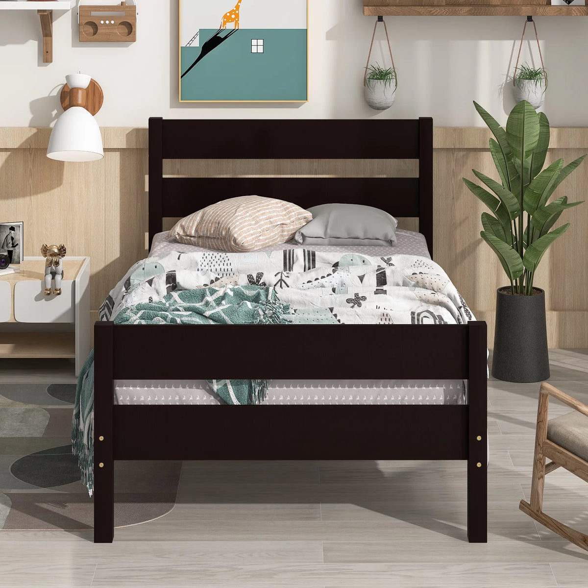Twin Size Pine Wood Platform Bed Frame with Headboard and Footboard N697