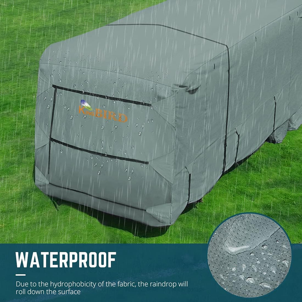 Extra-Thick 4 Layers Travel Trailer RV Cover, Fits 30'-33' Motorhome with 2Pcs Extra Straps & 4 Tire Covers A944