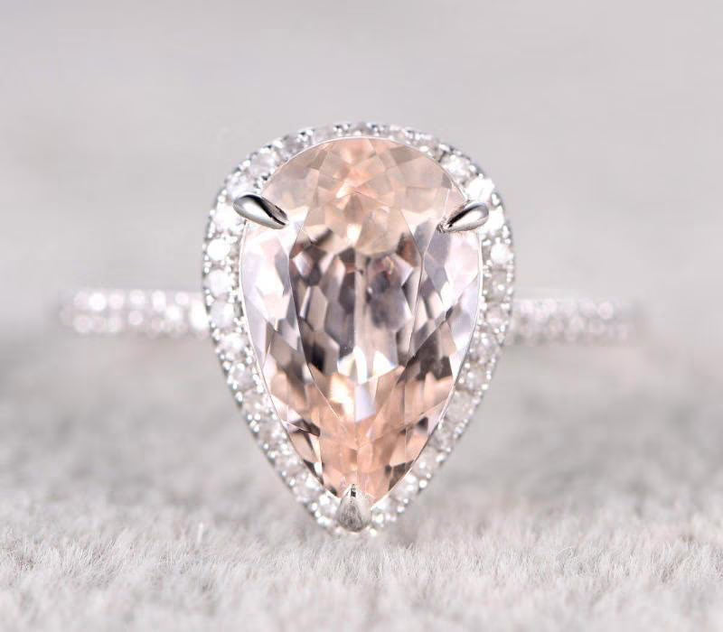 Pear Cut Morganite and Diamond Moissanite Halo Engagement Ring with 18k Gold Plating K3416