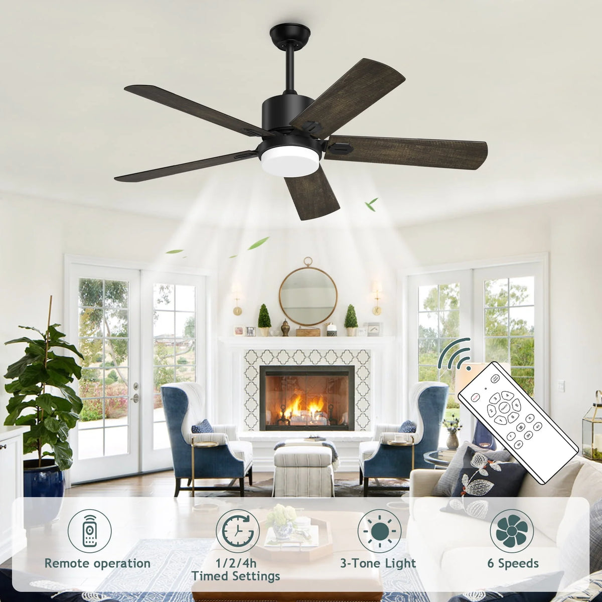 Ceiling Fan with Light and Remote Control, 52 '' Reversible 5 Wood Fan Blades L110