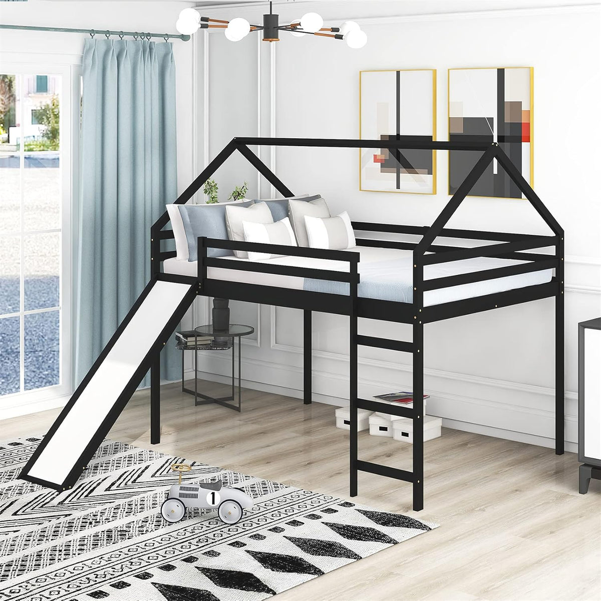 White Wood Twin Loft Bed with Slide and Staircase Storage X7795