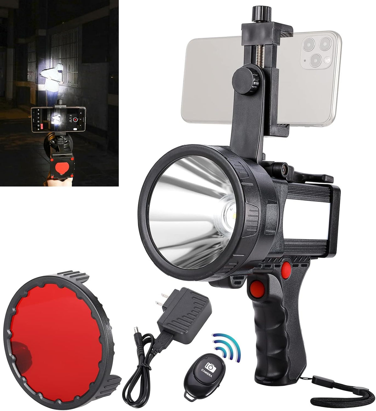 Rechargeable 100000 Lumens LED Spotlight with Red Lens E60381
