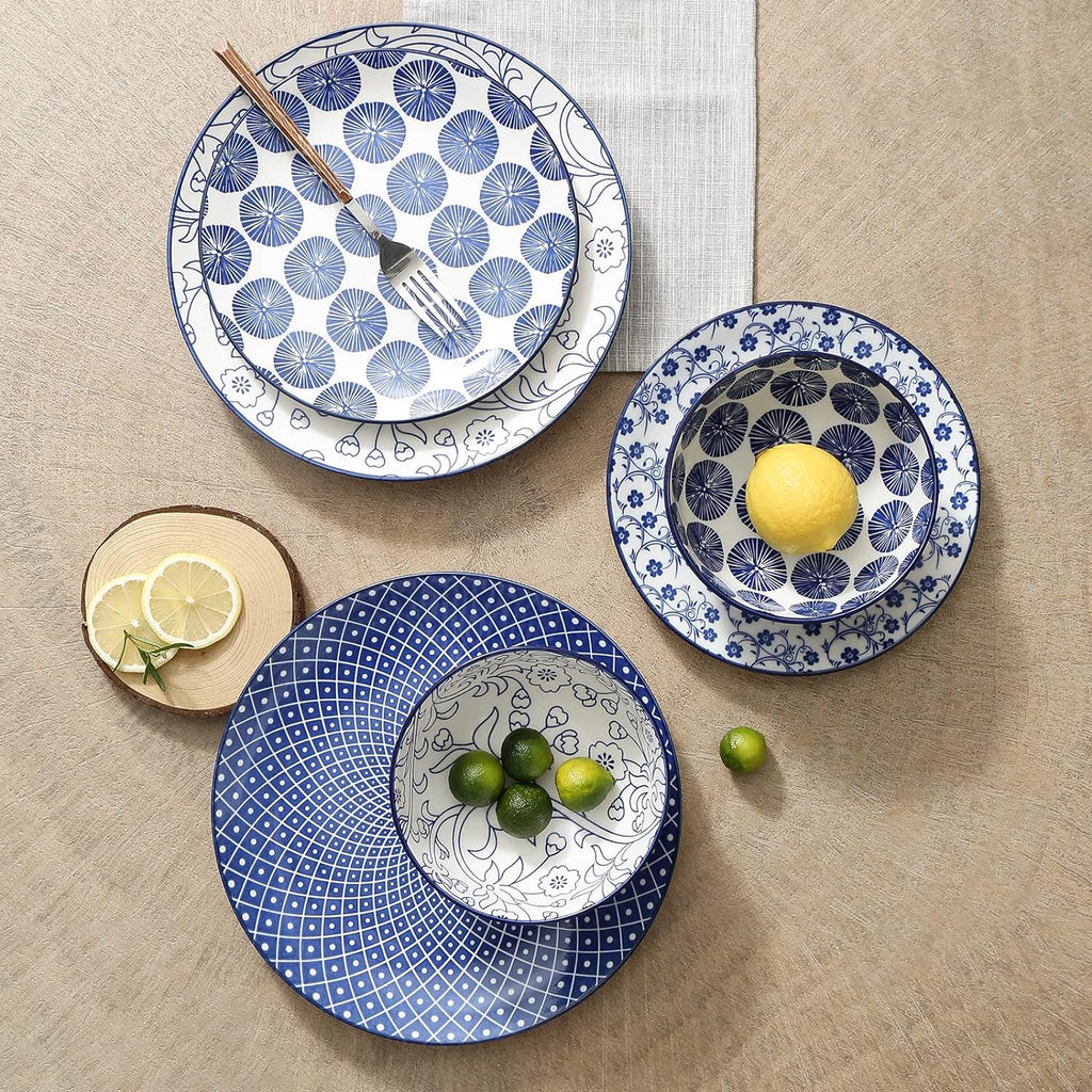 12 Piece Ceramic Dinnerware Set with 8 OZ Cappuccino Cup and Saucers, Vintage Blue H226530