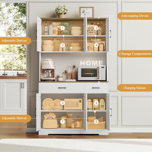 Black Tall Pantry Cabinet with Charging Station and Microwave Stand M6366