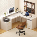 63" L Shaped Executive Desk with Drawers & Storage Shelf, Antique White H8041