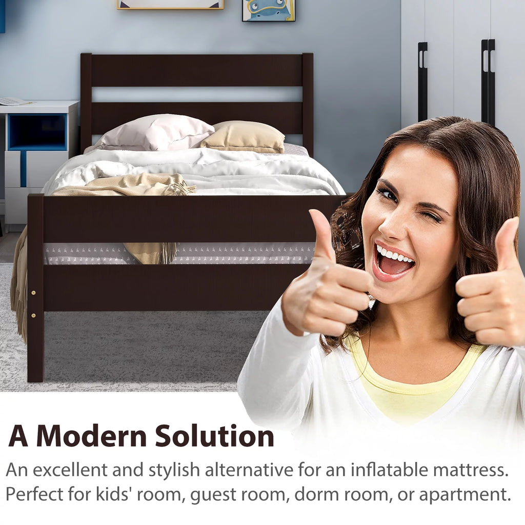 Twin Size Pine Wood Platform Bed Frame with Headboard and Footboard N697