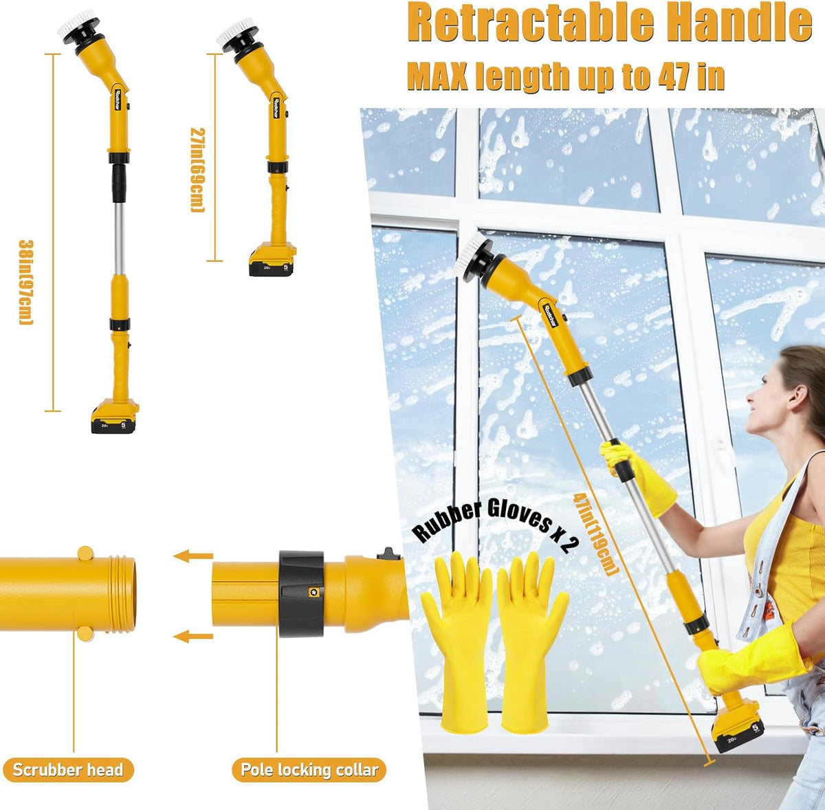 Cordless Power Spin Scrubber with Adjustable Extension Arm and 8 Replaceable Cleaning Heads U19235