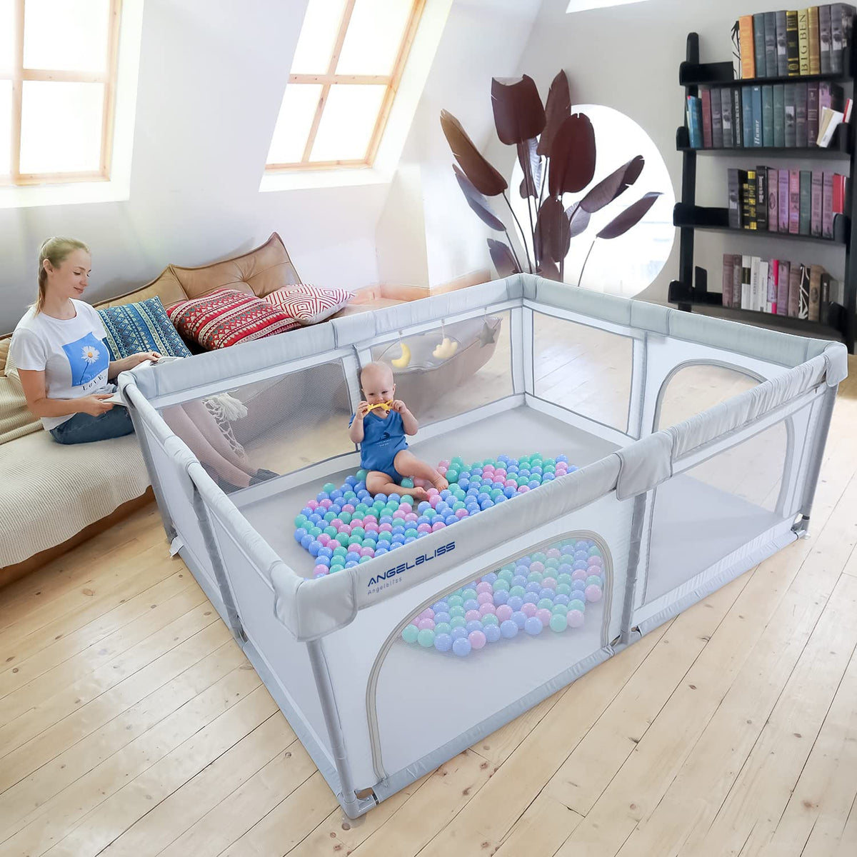 Grey 63”x47” Baby Playpen with Breathable Mesh Y4947