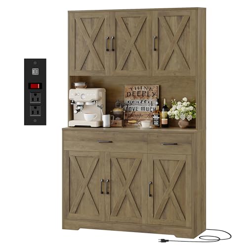 Black Tall Pantry Cabinet with Charging Station and Microwave Stand M6366