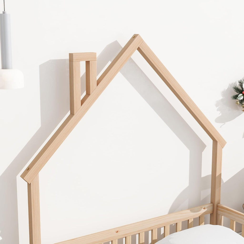Natural Full Size Floor Bed Frame with Fence and Door N93183