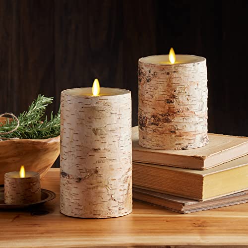 Flameless Candle Pillar with Real Birch Bark Moving Flame LED Battery Operated Lights Unscented (3.5 x 4.5-inch) D549750