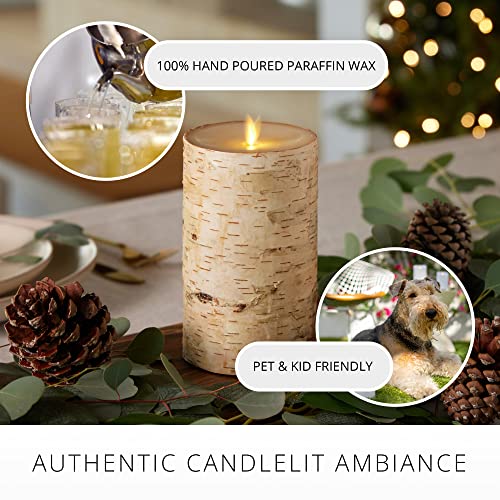 Flameless Candle Pillar with Real Birch Bark Moving Flame LED Battery Operated Lights Unscented (3.5 x 4.5-inch) D549750