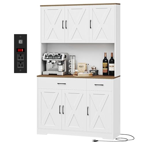 Black Tall Pantry Cabinet with Charging Station and Microwave Stand M6366