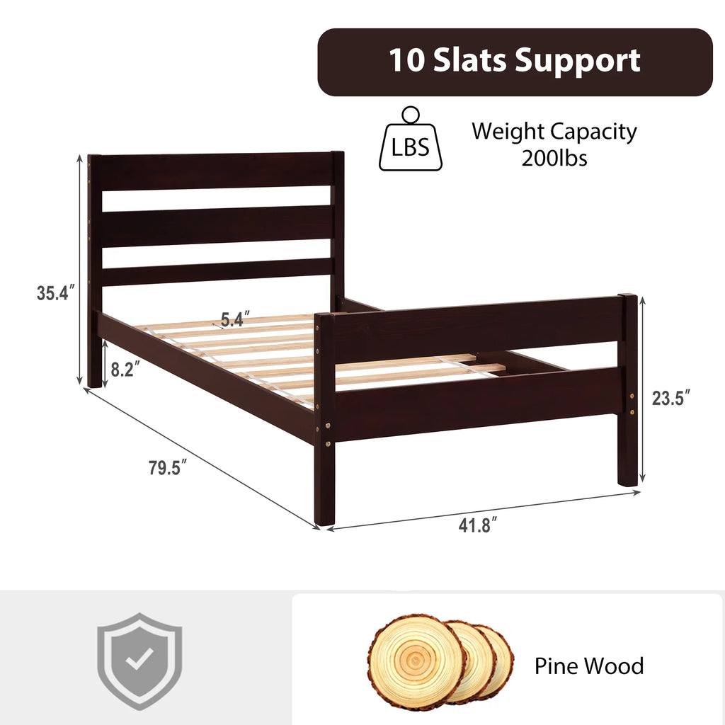 Twin Size Pine Wood Platform Bed Frame with Headboard and Footboard N697