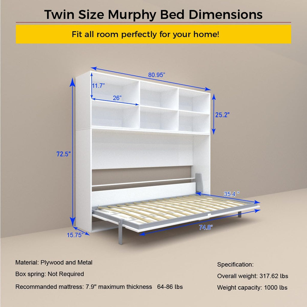 White Twin Size Wall Bedframe with Six Storage Shelf U8709