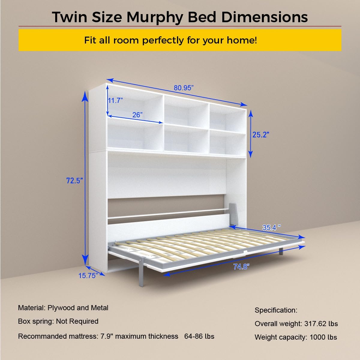 White Twin Size Wall Bedframe with Six Storage Shelf U8709