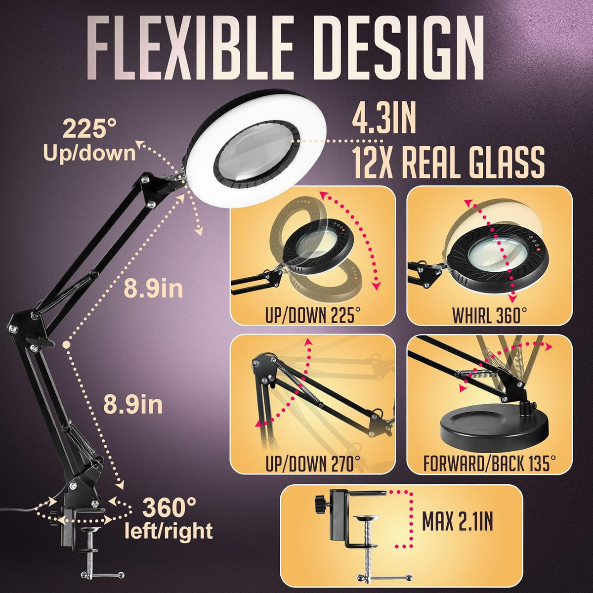 12X Magnifying Glass with Light and Stand, 5 Color Modes Stepless Dimmable LED Desk Lamp with Clamp, Hands Free Flexible Magnifier A999501