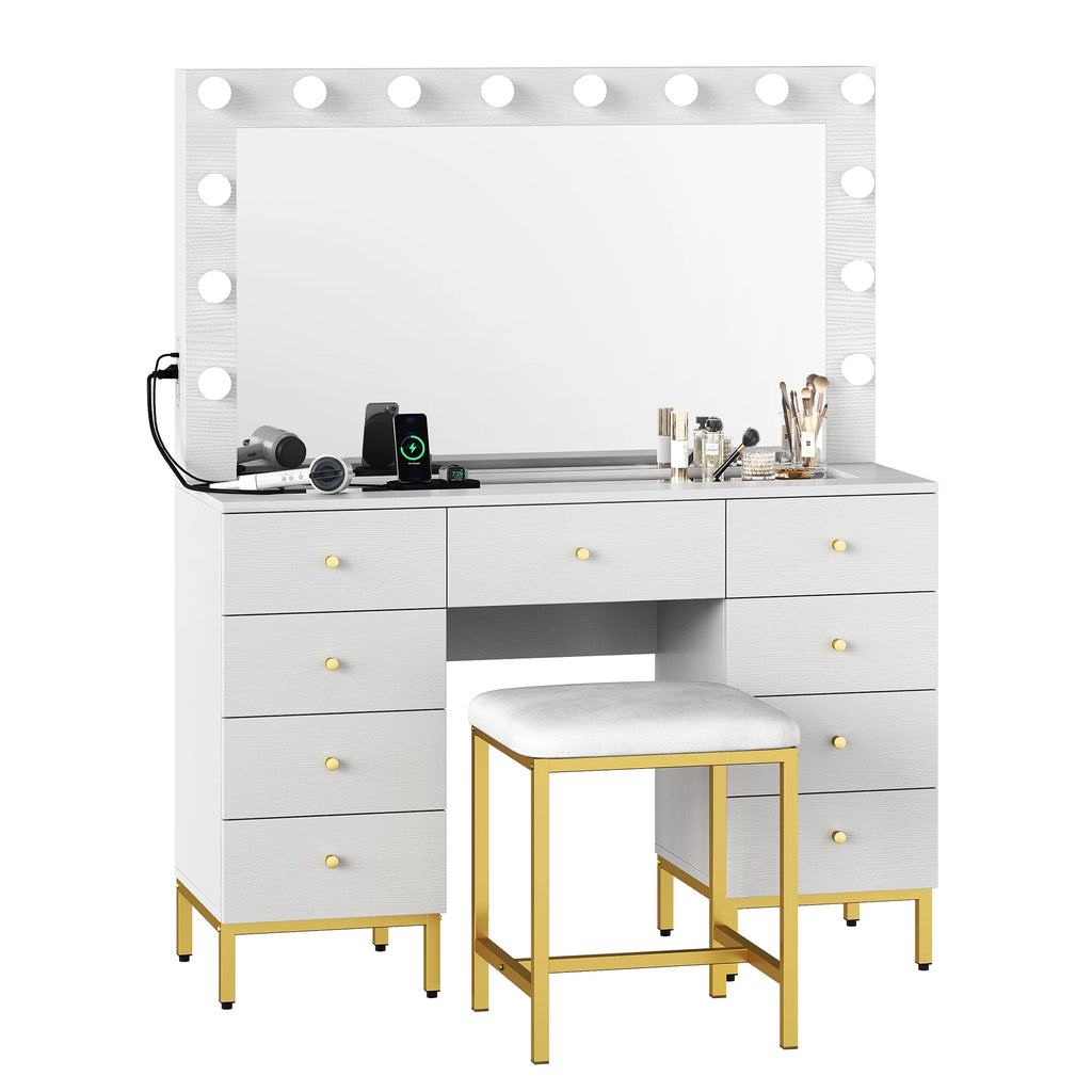 Gold and White Vanity Table with 9 Drawers F5452