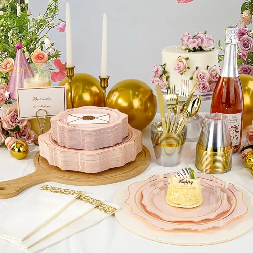 350 PCS Clear and Gold Plastic Plates, 50 Cups, 150 Silverwares, 50 Napkins G207