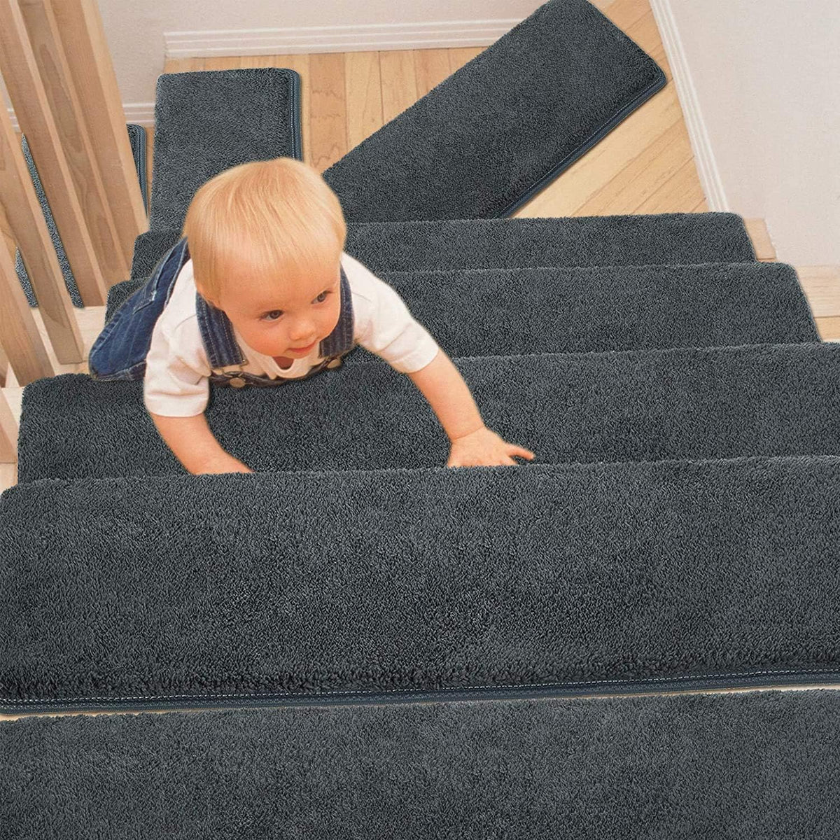 Green 14 Pieces Non-Slip Washable Carpet Stair Treads Set S962842