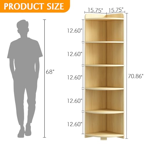 6-Tier Open Corner Shelf Tall Wooden Floor Standing Bookshelf Oak P941218
