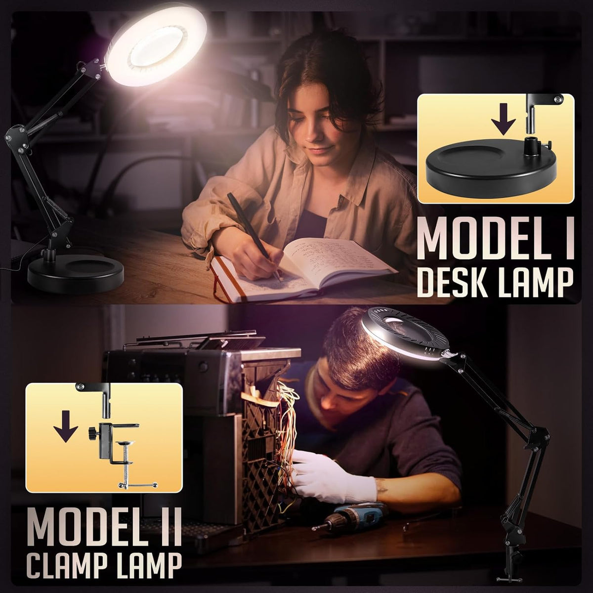 12X Magnifying Glass with Light and Stand, 5 Color Modes Stepless Dimmable LED Desk Lamp with Clamp, Hands Free Flexible Magnifier A999501