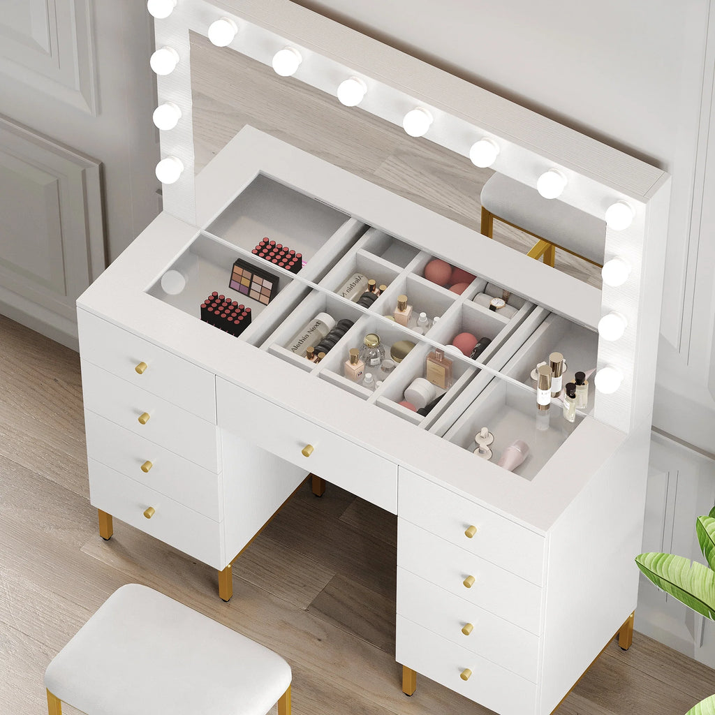 Gold and White Vanity Table with 9 Drawers F5452