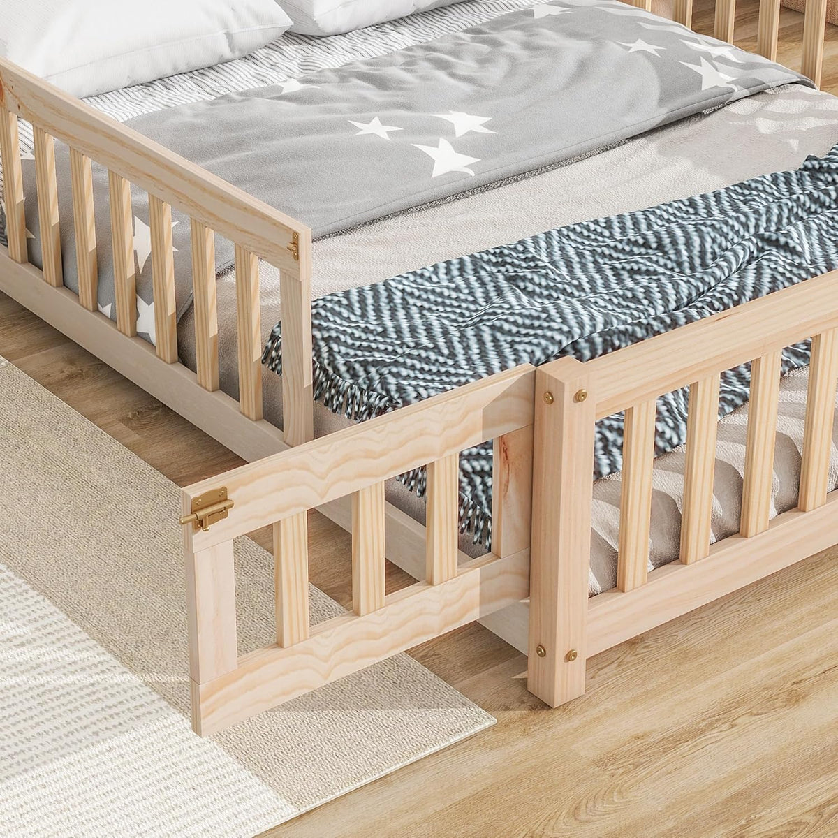 Natural Full Size Floor Bed Frame with Fence and Door N93183