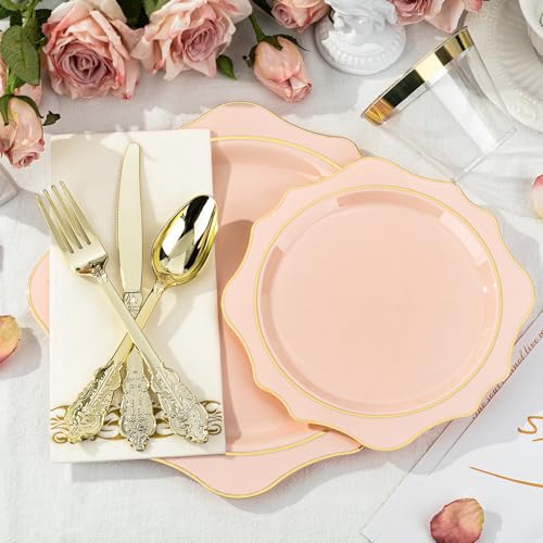 350 PCS Clear and Gold Plastic Plates, 50 Cups, 150 Silverwares, 50 Napkins G207