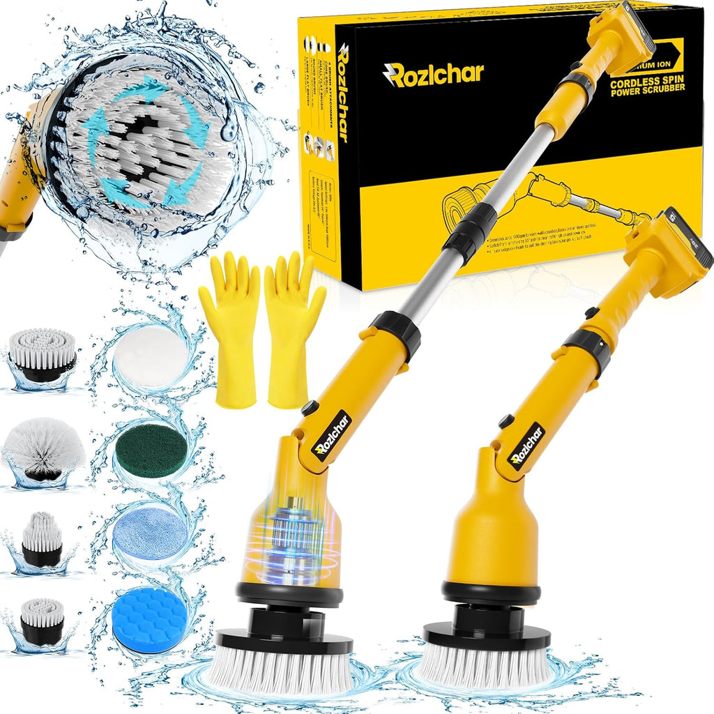 Cordless Power Spin Scrubber with Adjustable Extension Arm and 8 Replaceable Cleaning Heads U19235