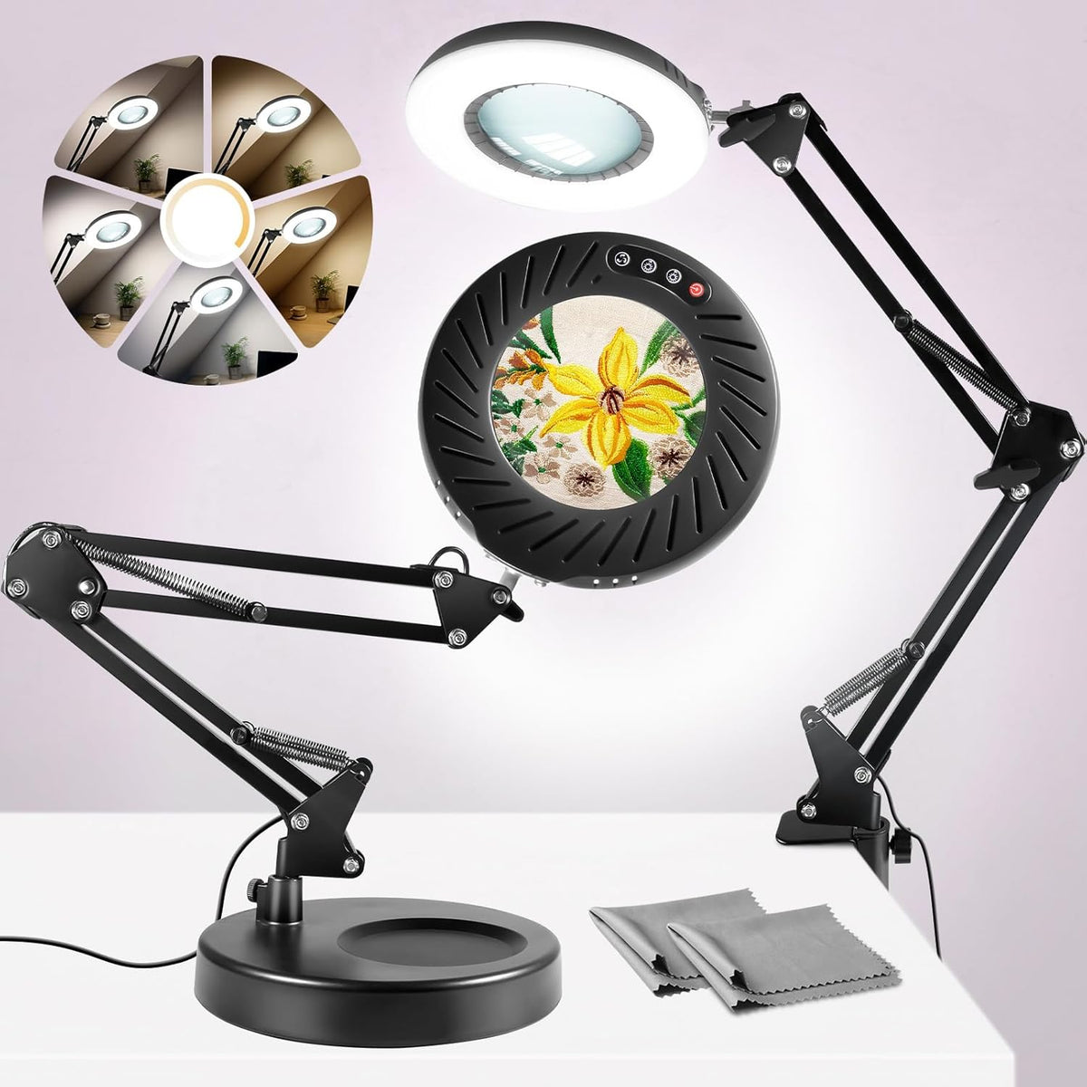 12X Magnifying Glass with Light and Stand, 5 Color Modes Stepless Dimmable LED Desk Lamp with Clamp, Hands Free Flexible Magnifier A999501