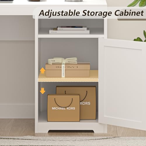 63" L Shaped Executive Desk with Drawers & Storage Shelf, Antique White H8041