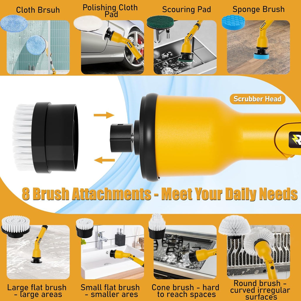 Cordless Power Spin Scrubber with Adjustable Extension Arm and 8 Replaceable Cleaning Heads U19235