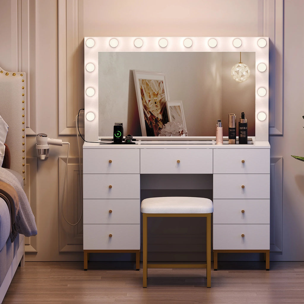 Gold and White Vanity Table with 9 Drawers F5452