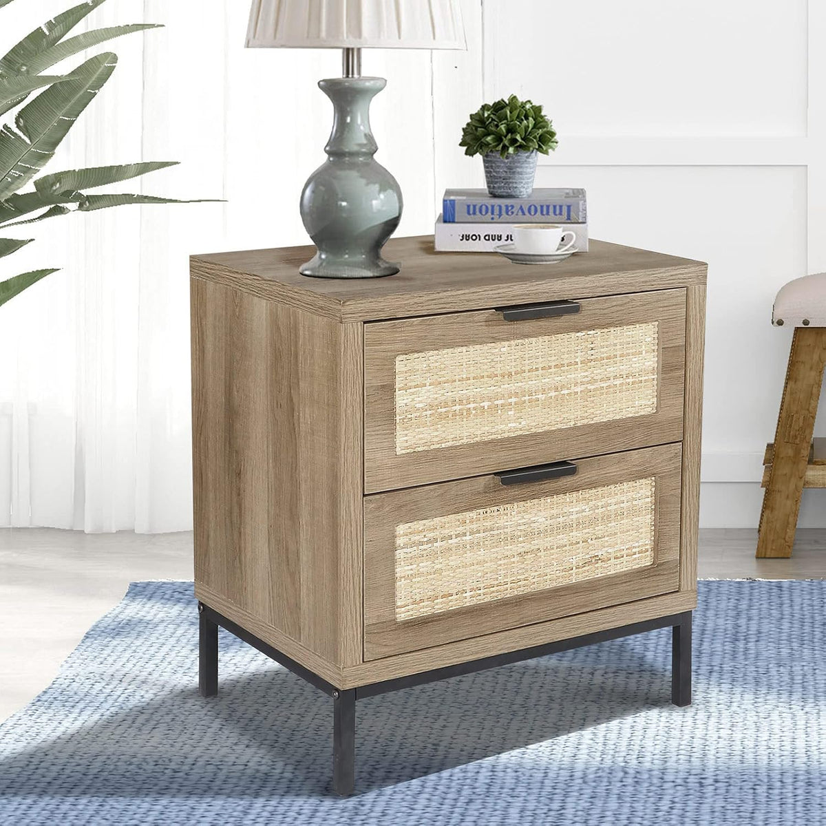 White Natural Rattan 2 Drawer Wood Nightstand R7997
