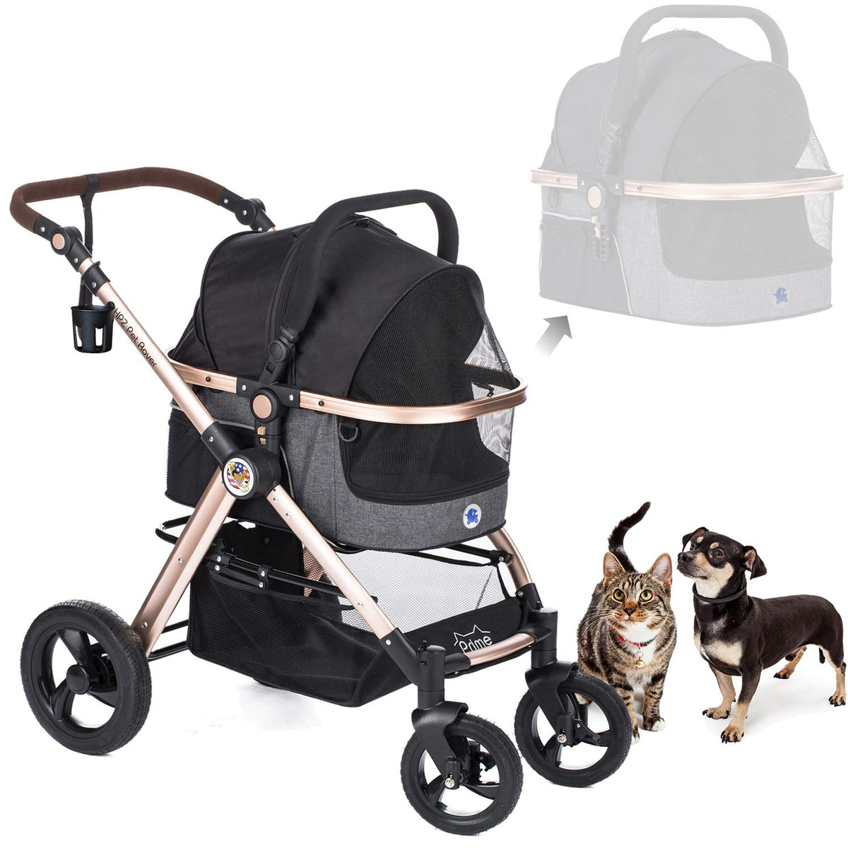 Black 3-in-1 Pet Stroller with Detach Carrier, Aluminum Frame D520