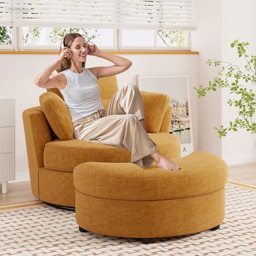 Oversized Orange Chenille Swivel Accent Chair with Storage Ottoman F905