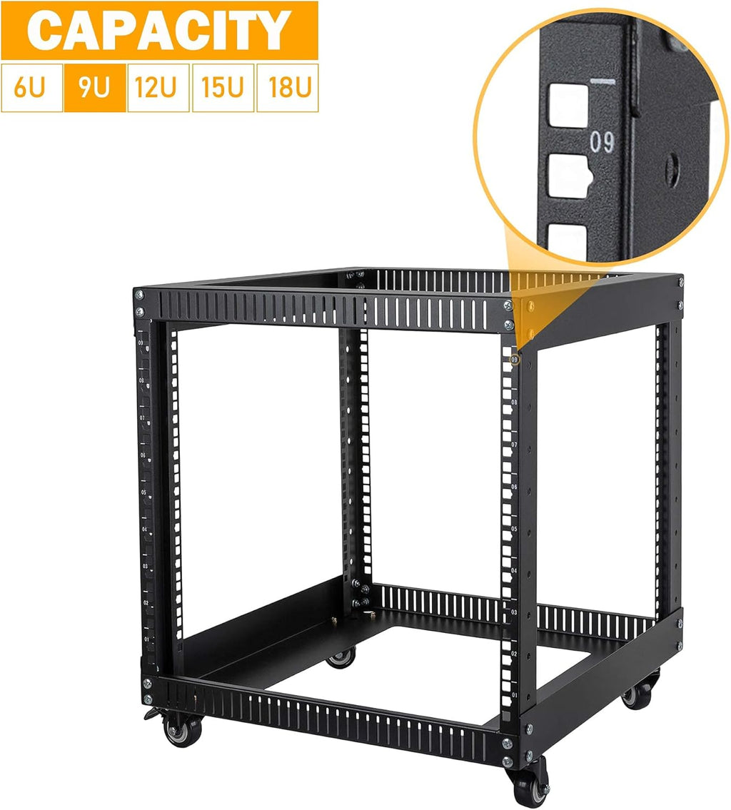 9U Open Frame Server Rack with Casters Black T310