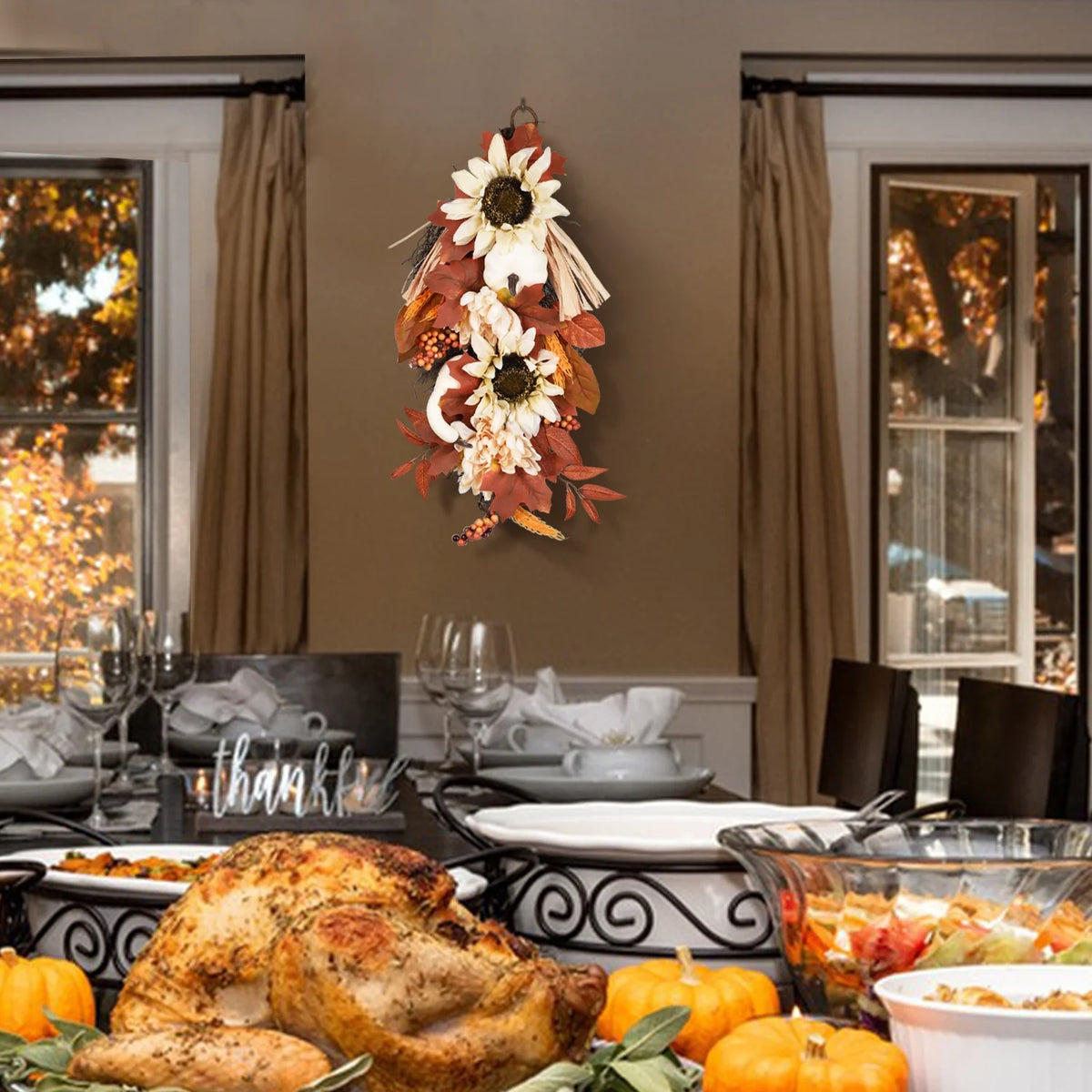 20 Inch Artificial Hanging Vine with Pumpkin Pine Cone Silk Flowers Fall Decor N772035