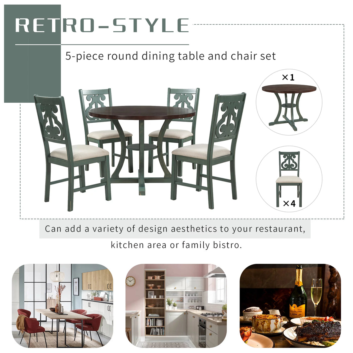 Round Dining Table with 4 Fabric Chairs Set Y175622