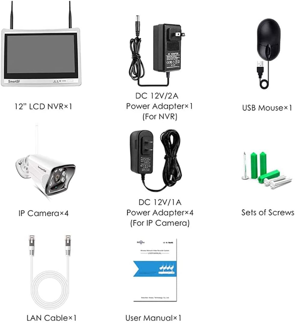 Wireless Security Camera System with 12 LCD Monitor, 2MP Outdoor, Night Vision, IP66 Q81513