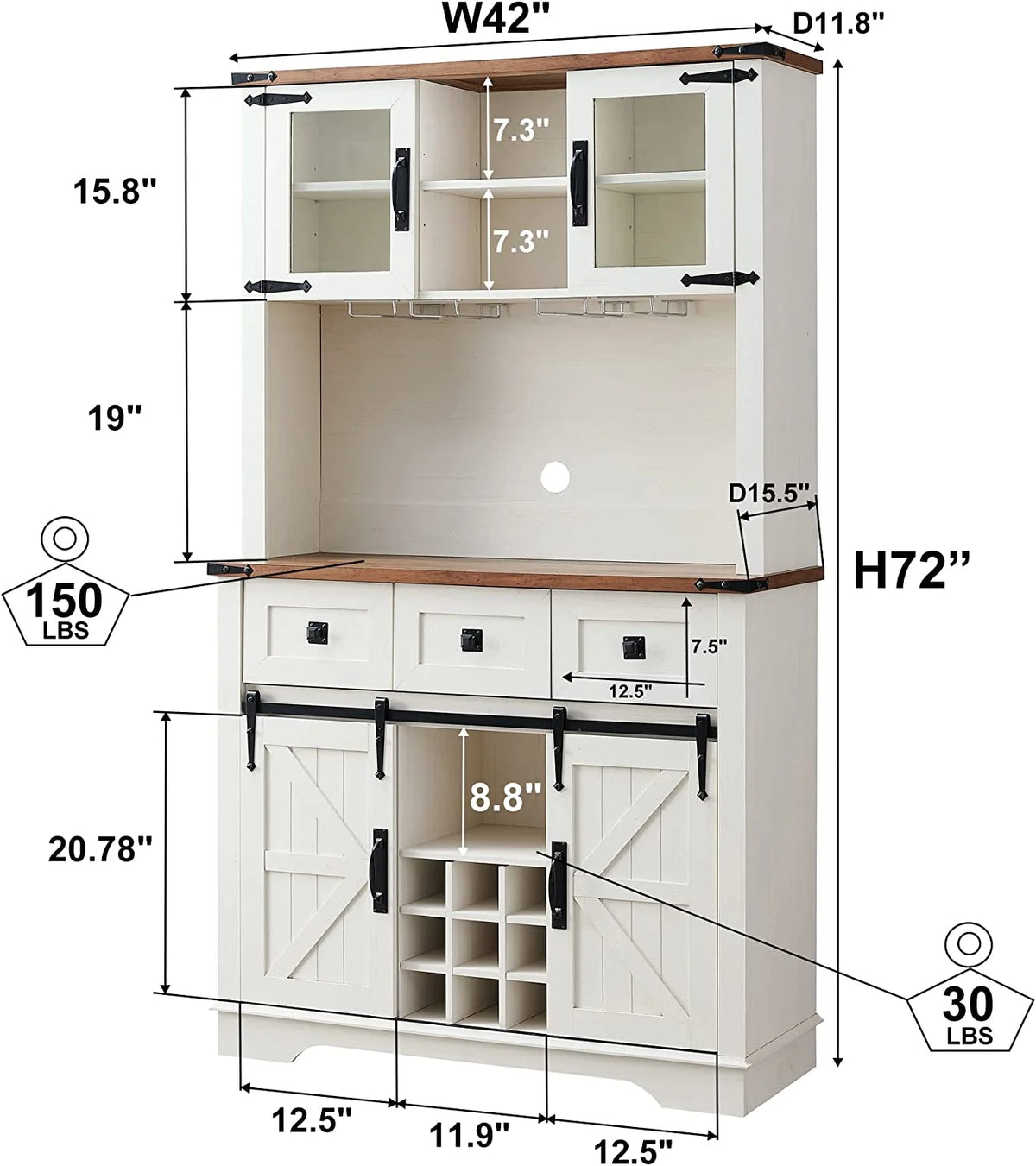 Antique White Wood Bar Cabinet with Sliding Barn Door and Hutch T1147