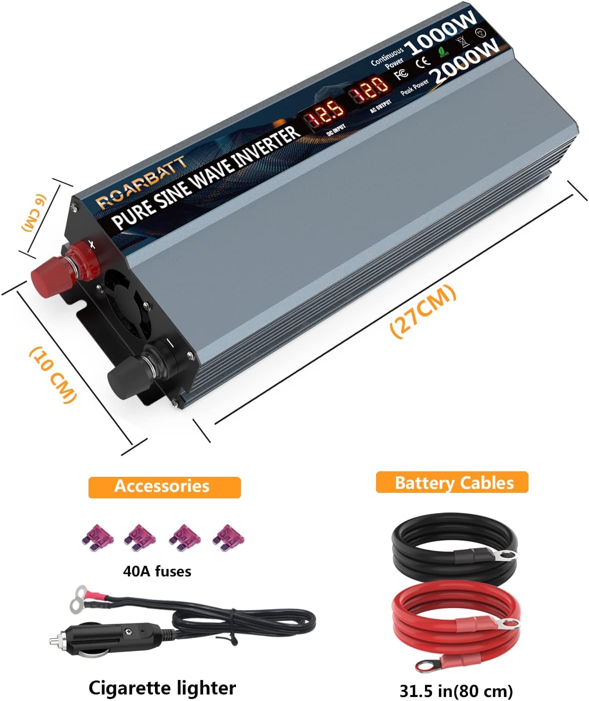 1000 Watt 12V DC to 110V AC Power Inverter with 2 AC Outlets and USB Port R593