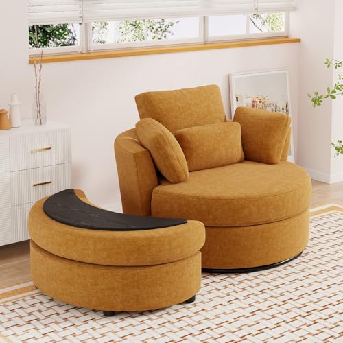 Oversized Orange Chenille Swivel Accent Chair with Storage Ottoman F905