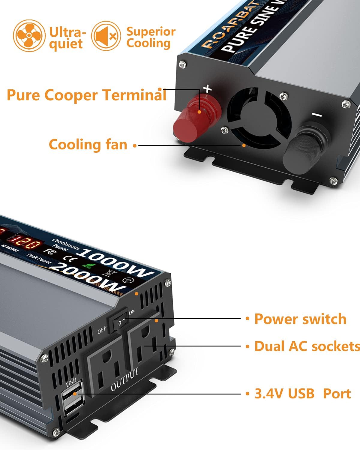 1000 Watt 12V DC to 110V AC Power Inverter with 2 AC Outlets and USB Port R593