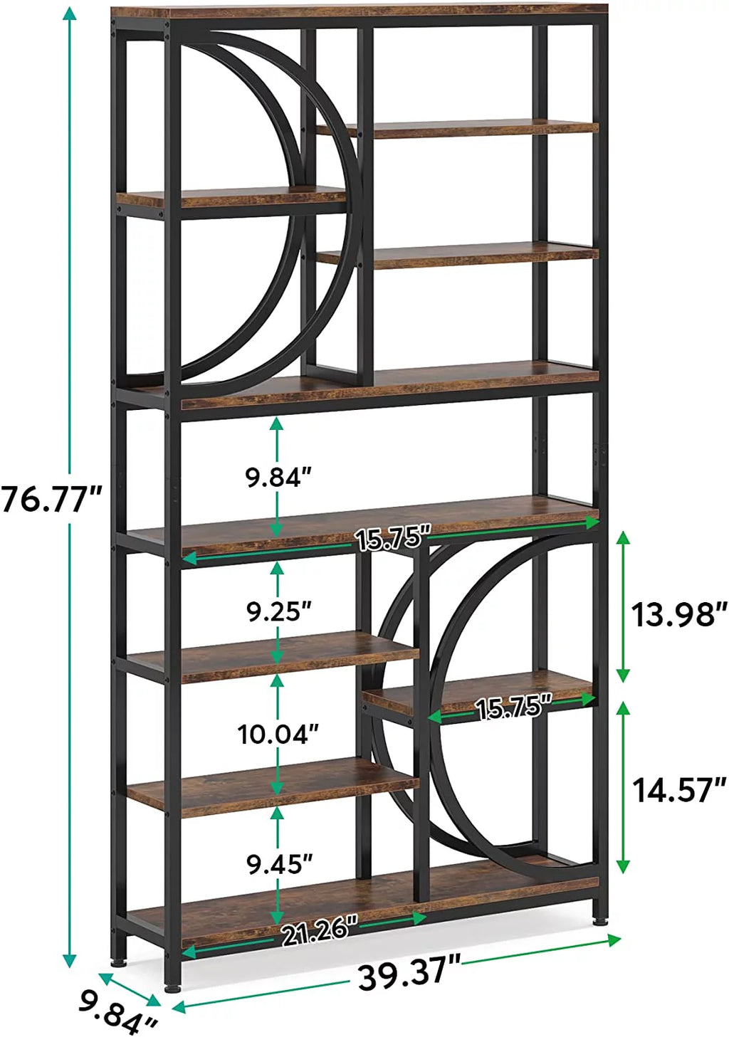 Industrial 8-Tier Wood Look Bookshelf with Metal Frame O80801