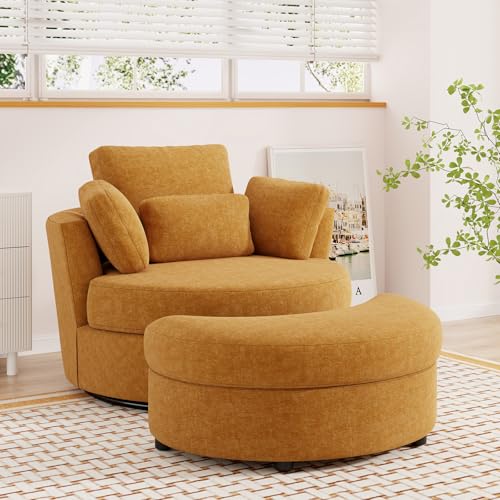 Oversized Orange Chenille Swivel Accent Chair with Storage Ottoman F905